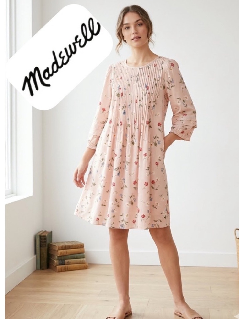 Madewell Pink Floral Pintuck Puff-Sleeve Dress